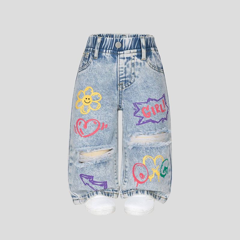 Newborn Baby Cute Print Denim Pants - Bow Embellished Wide Leg Jeans | Vintage Wash_voghion.com