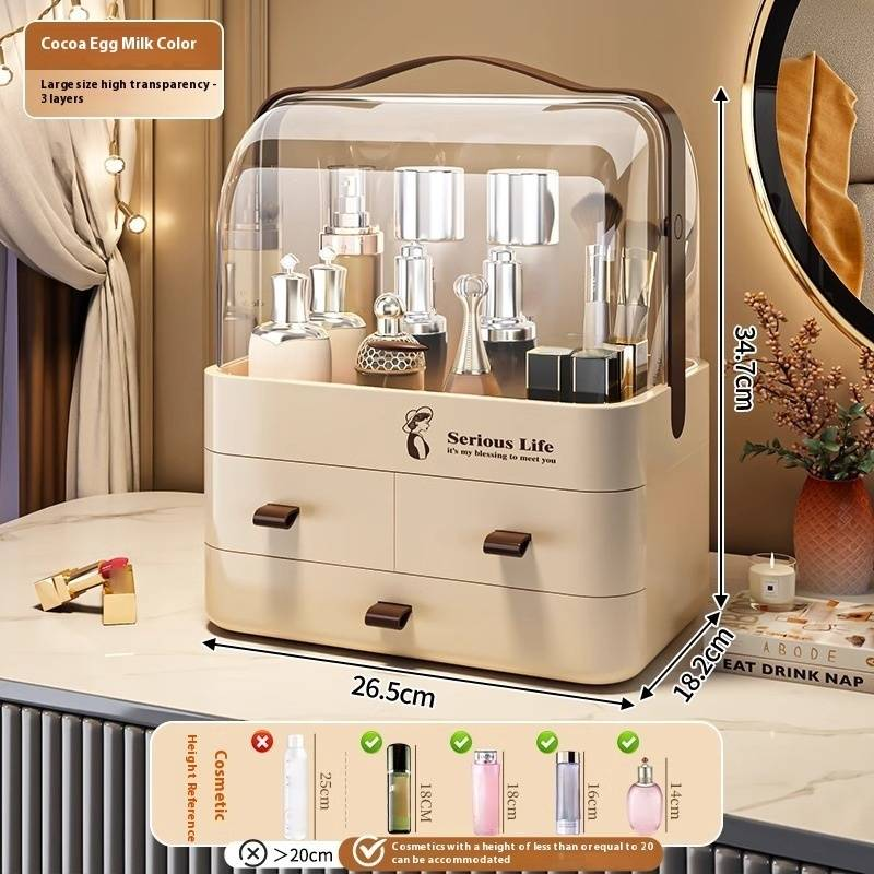 Organisateur de maquillage de luxe – Boîte de rangement transparente à 3 niveaux en PET avec couvercle anti-poussière et séparateurs (capacité de 12 L, empilable, incassable)_voghion.com
