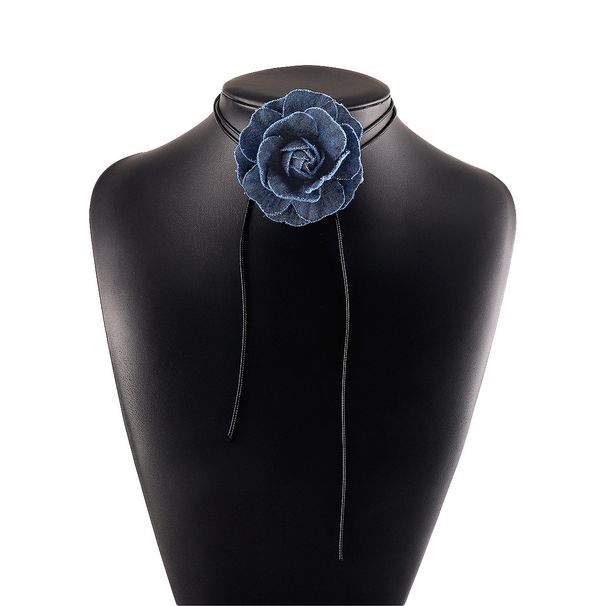 N11261 Halskette mit Rosen in Jeansblau im französischen Stil, würziges Mädchenband, Halsband mit Schlüsselbeinkette_voghion.com