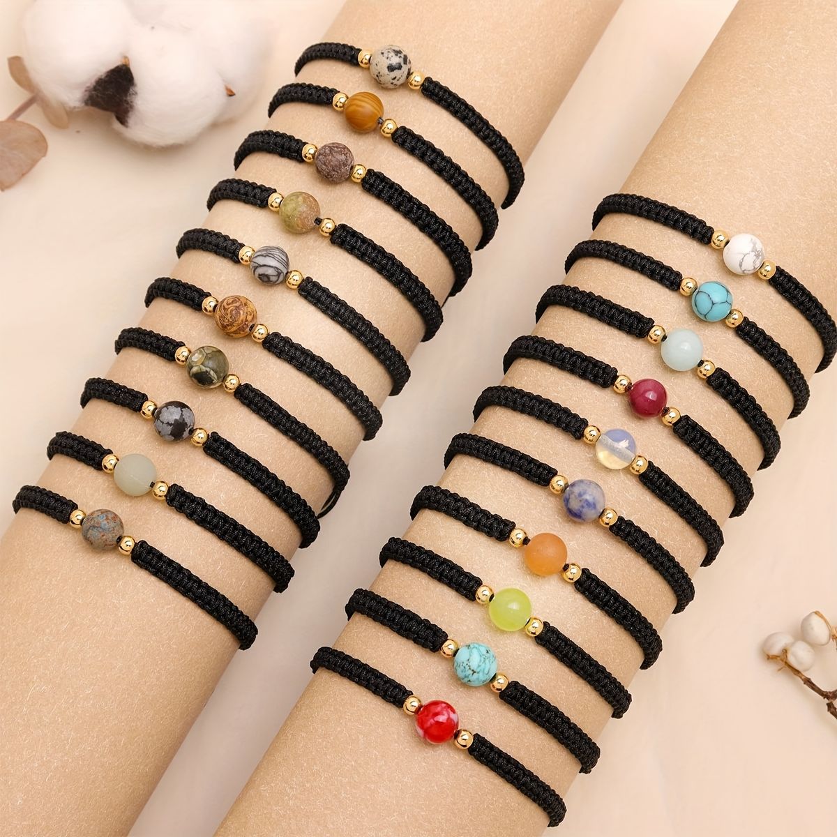 Jupiter Bracket, Equally Woven Bracelet, Stacked Women's Handmade Natural Gemstone Beads, Adjustable And Stackable Black String Bracelet, Fashionable_voghion.com