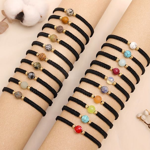 Jupiter Bracket, Equally Woven Bracelet, Stacked Women's Handmade Natural Gemstone Beads, Adjustable And Stackable Black String Bracelet, Fashionable_voghion.com