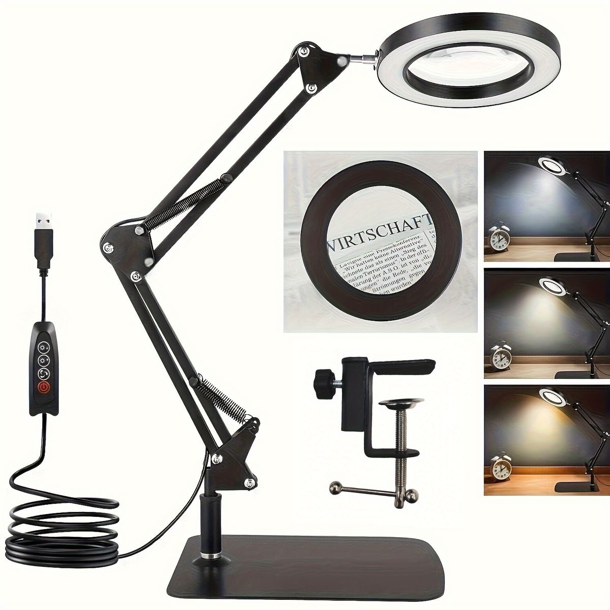 1 Stéck LED-Lupp mat verstellbarem Stativ a Clip - 10x Vergréisserung, 3 Faarfmodi, stufenlos Dimmung, fir Reparaturen, Bastelen a Schweessen_voghion.com