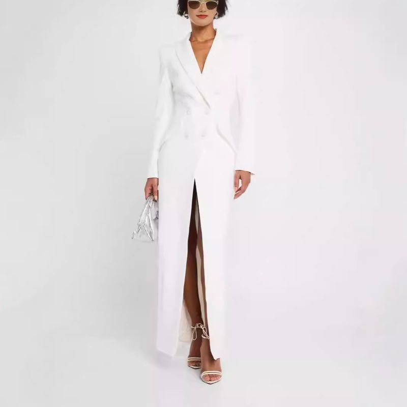 2025 Spring And Autumn New Style Elegant Double Breasted Slim Fit Extended Women's Solid Color Suit Coat_voghion.com