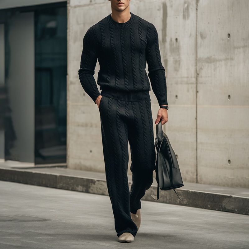 Herren-Winter-Set aus Strickpullover und -hose – Langarmpullover mit Zopfmuster und Lounge-Hose – Weiche Polyestermischung für lässigen Komfort_voghion.com