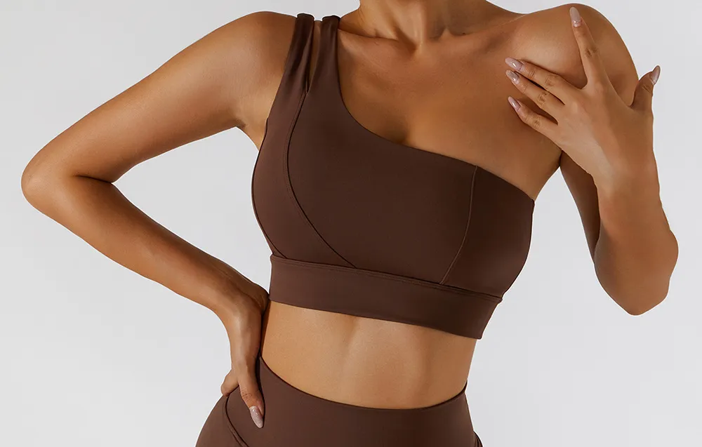 Women's Clothing Nude Oblique One Shoulder Beautiful Back Yoga Bra Elastic Quick Drying Sports Underwear Running Fitness Vest_voghion.com