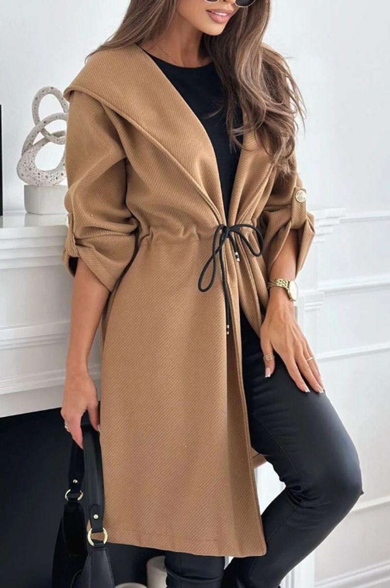Women's Clothing Strappy Hooded Lapel Ladies Casual Long Sleeved Autumn And Winter Coat_voghion.com