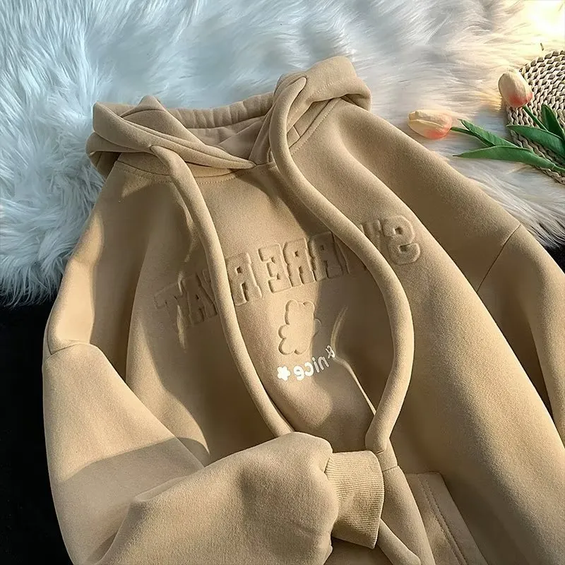 Women's Clothing Fashion brand high street couple sweater female design niche plus velvet thick new lazy style hooded jacket_voghion.com