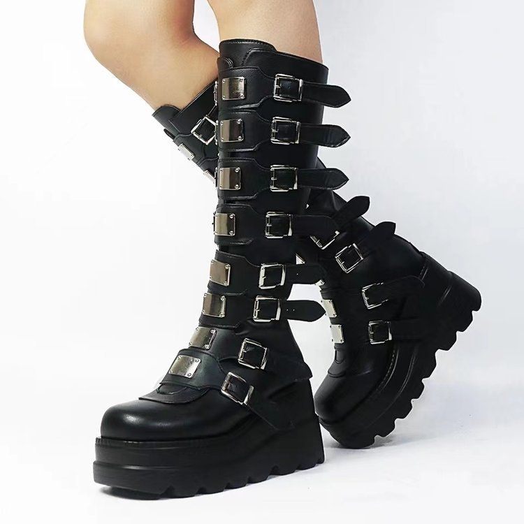 Women's plus-size boots with metal buckle platforms and high boots_voghion.com