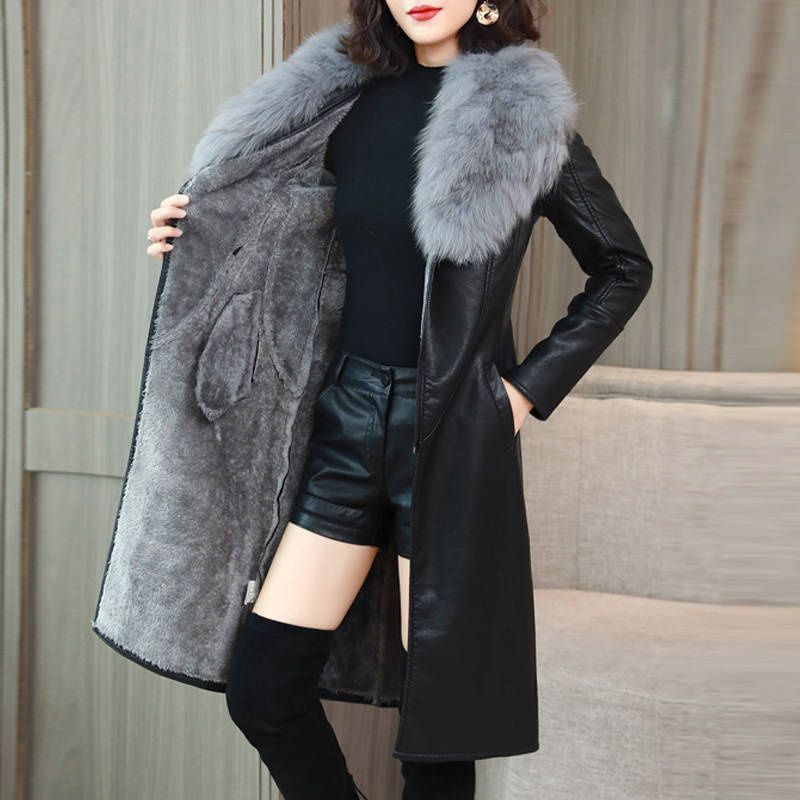 Roupas femininas Grande gola de pele inverno jaqueta de couro para mulheres mais veludo engrossado comprimento médio nova jaqueta de couro fino cintura fina_voghion.com