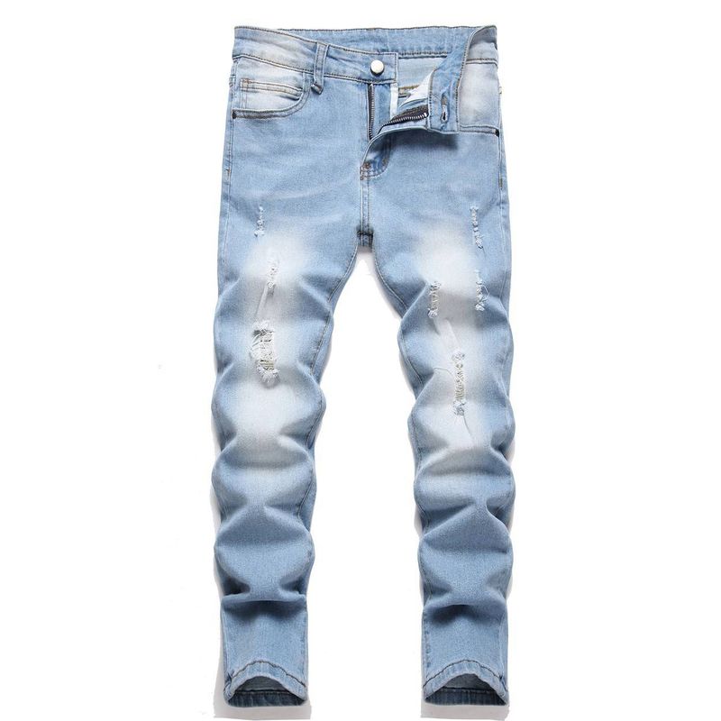 Junge Jungen Kleidung Mittlere und große Kinderkleidung Hellblaue elastische Loch Denim Hose_voghion.com