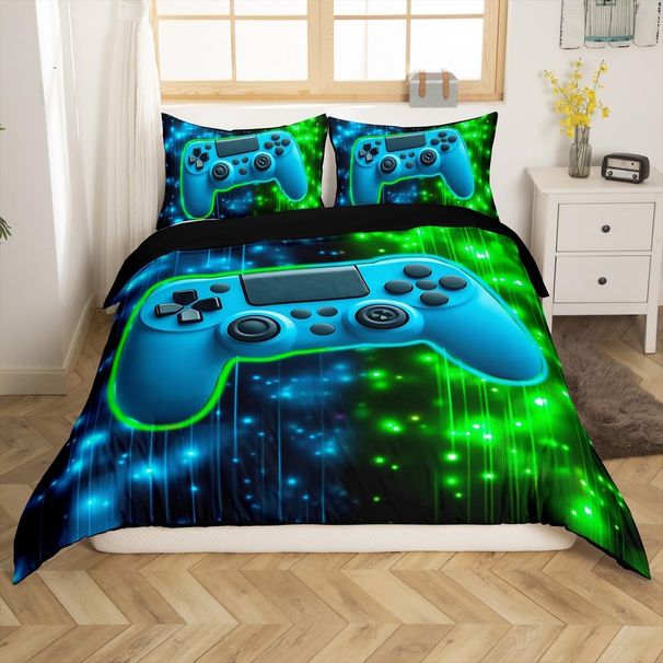 Gamepad-Bettbezug-Set mit grünem und blauem Licht, Doppelgröße für Kinder, Jungen, Teenager, Gamer-Bettwäsche-Set, Gaming-Bettbezug, Came Room Decor_voghion.com