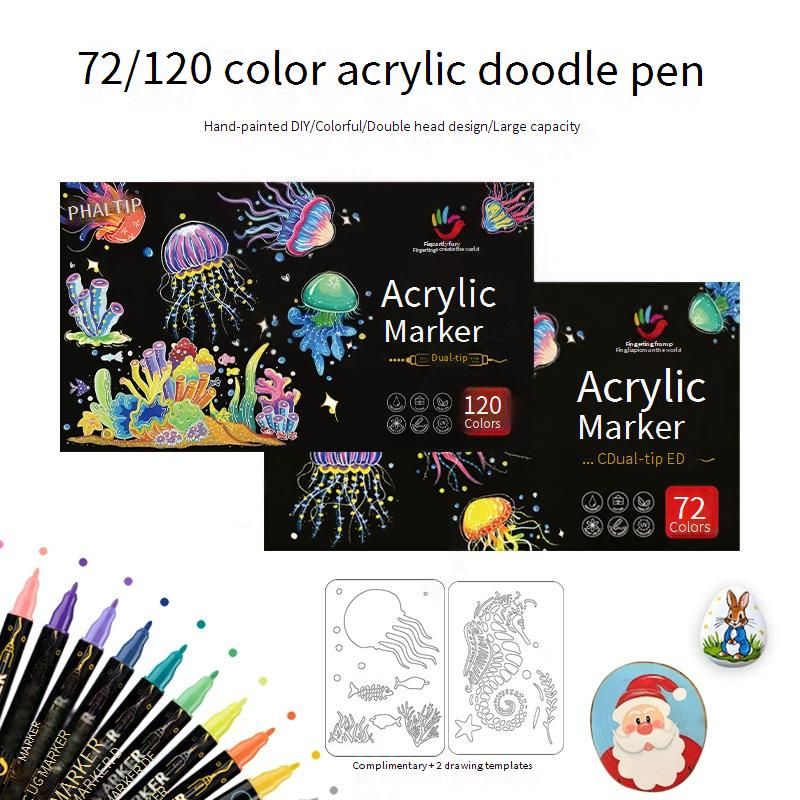 Set van 120 acrylmarkers met dubbele punt in levendige kleuren voor schilderen, krabbelen en handletteren - Waterbestendige, niet-giftige kunstbenodigdheden met sjabloonsjablonen_voghion.com