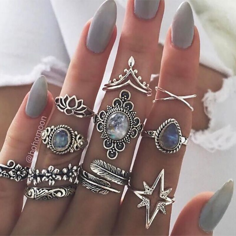 Retro Diamond Carved Starry Sky Gemstone 11 Piece Combination Set Ring_voghion.com