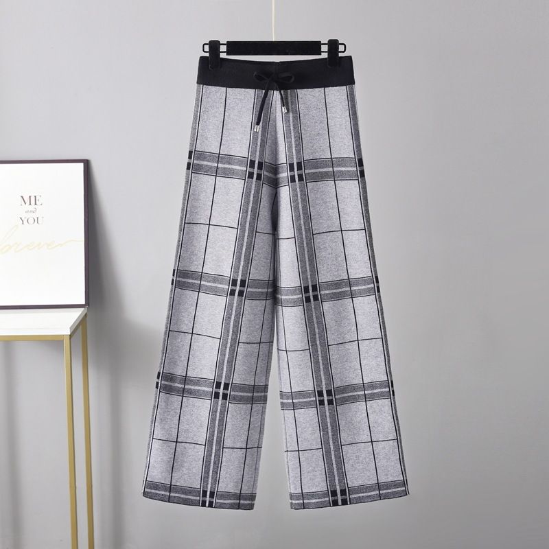 Women's clothing Retro plaid wide-leg pants women's autumn and winter version of high-waist straight trousers loose thickened knitted casual pants_voghion.com