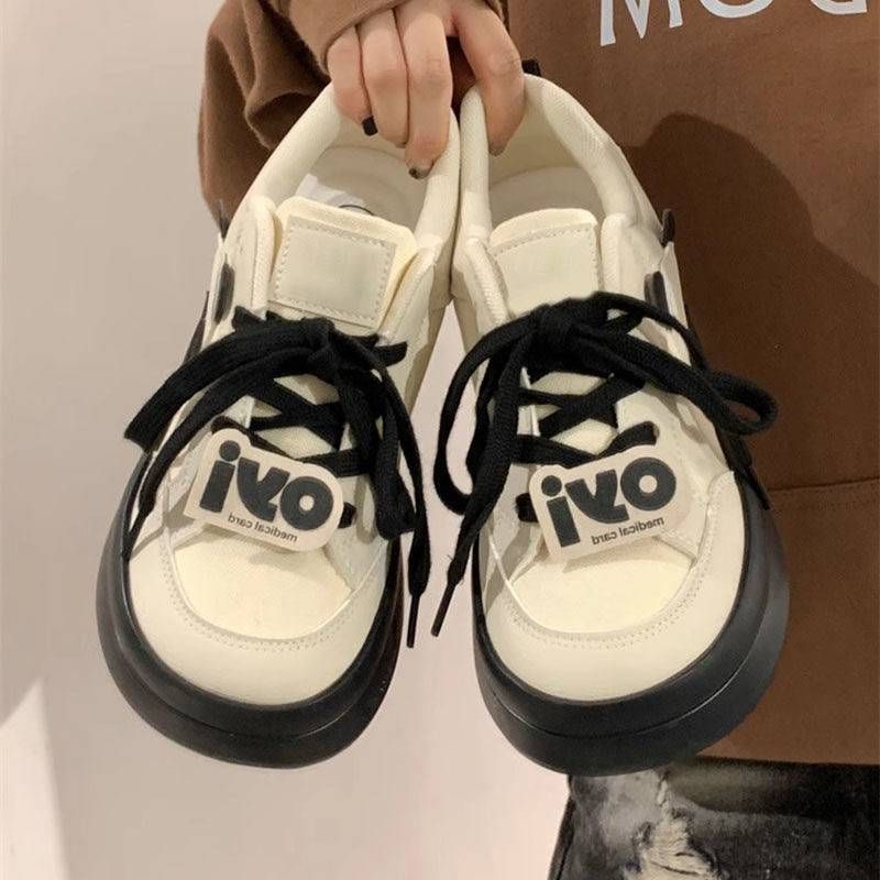 Sapatos de lona panda preto e branco crianças outono e inverno novos alunos todos levam cabeça grande feia sapatos brancos pequenos femininos_voghion.com