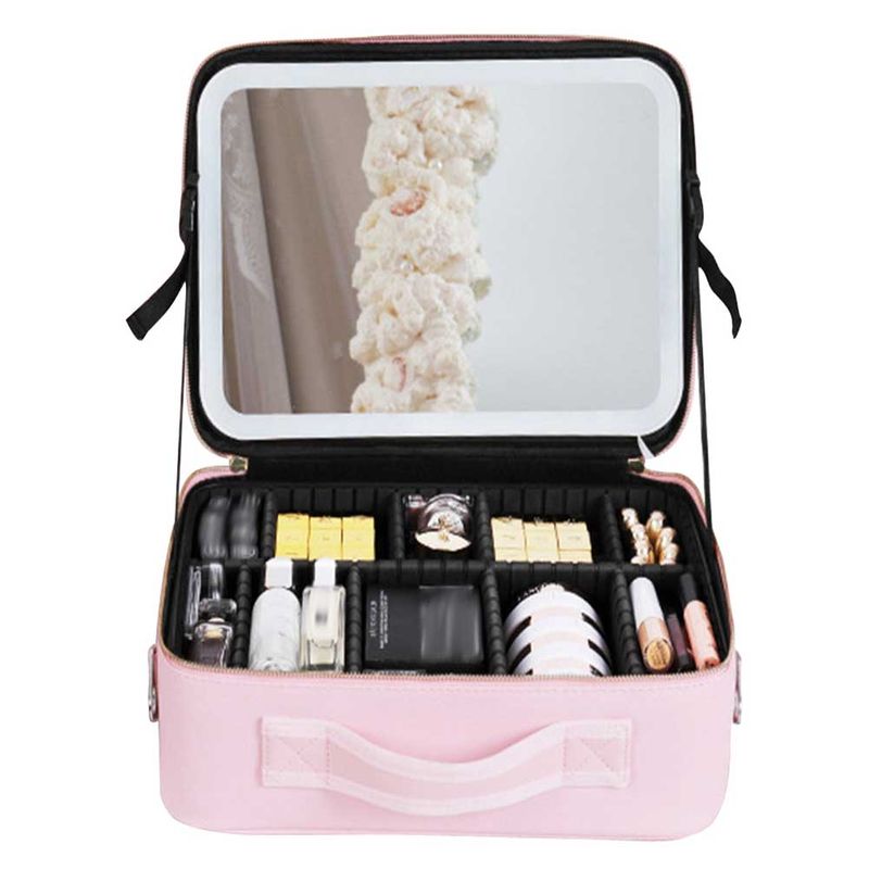 Estojo de LED inteligente com espelho para cosméticos femininos, bolsa de armazenamento portátil para viagem e maquiagem_voghion.com