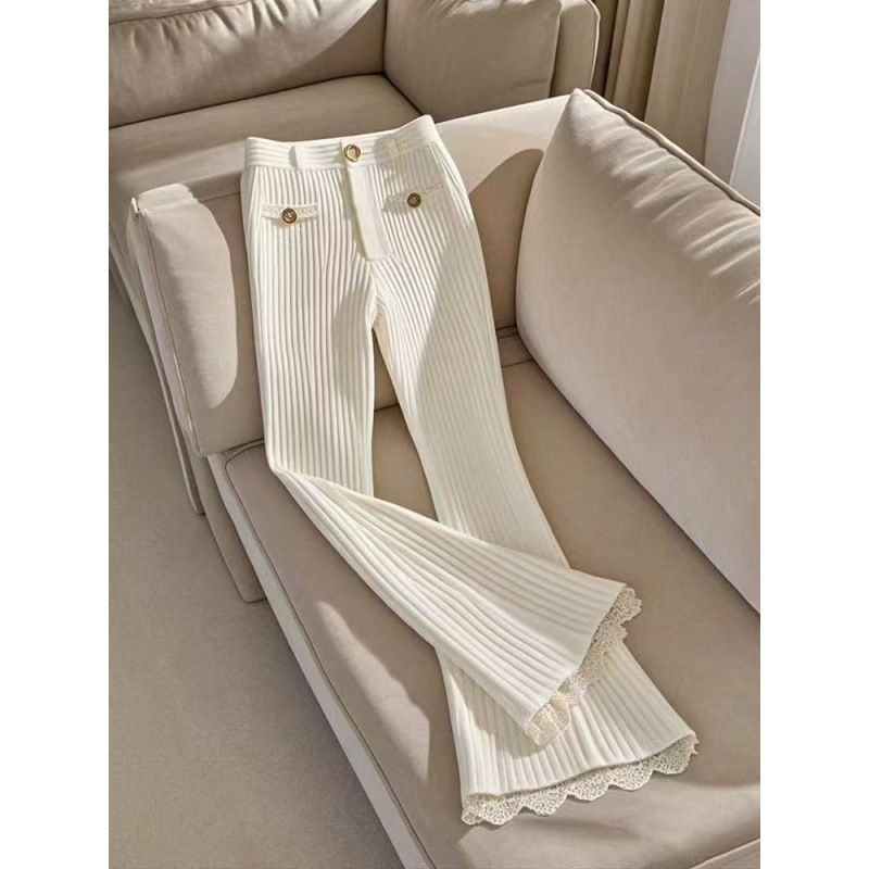 Vêtements pour femmes Pantalons évasés Automne Haut de gamme Sensation super belle et cool Pantalon tricoté blanc taille haute_voghion.com