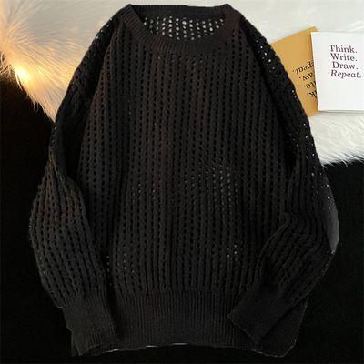 Suéter de malha masculino com design vazado em renda, pulôver com gola redonda, cor sólida, moda para casais, top retrô solto estilo coreano em camadas_voghion.com