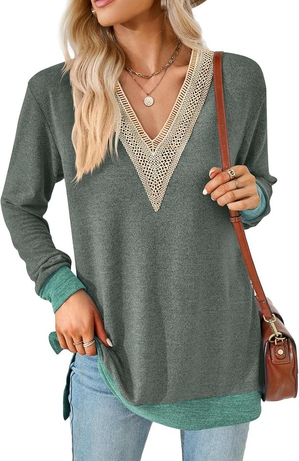 iChunhua Womens V Neck Lace Trim Lightweight Soft Jumpers Ladies Colour Contrasts Splits Side Relaxed Fit Tunic Tops_voghion.com