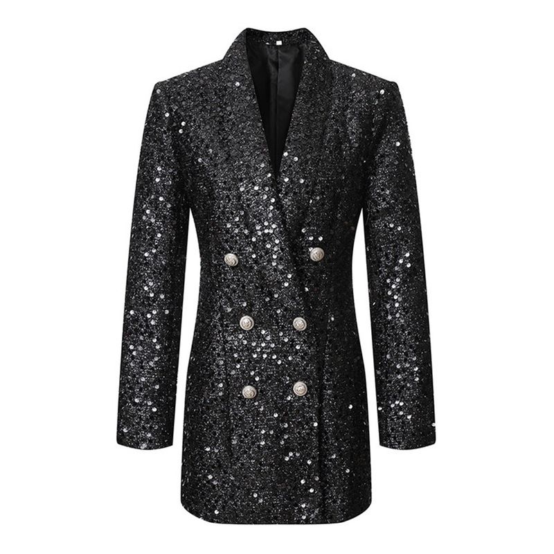 Damenbekleidung Schwarzes, langärmliges Kostümkleid mit Pailletten und silbernen Knöpfen_voghion.com