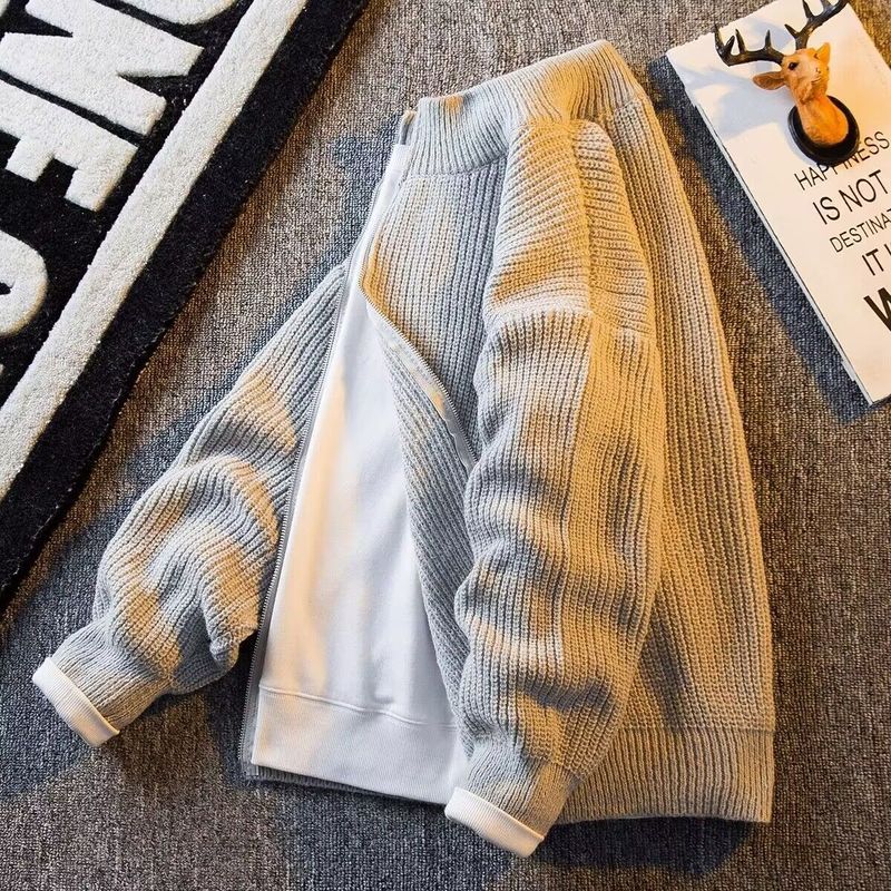 Standing collar knitted cardigan jacket for men's autumn trendy couple oversize loose and lazy American sweater_voghion.com