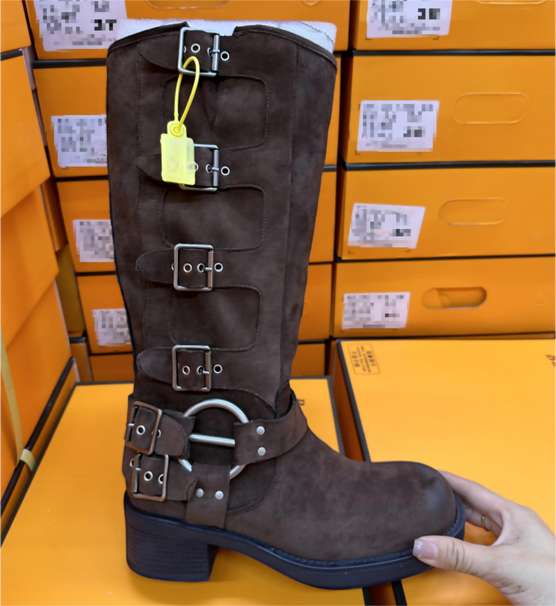 Wildleder Rindsleder Wildleder MIU Familie Ritter Gürtelschnalle hohe, knielange Stiefel, braune Western Cowboystiefel_voghion.com