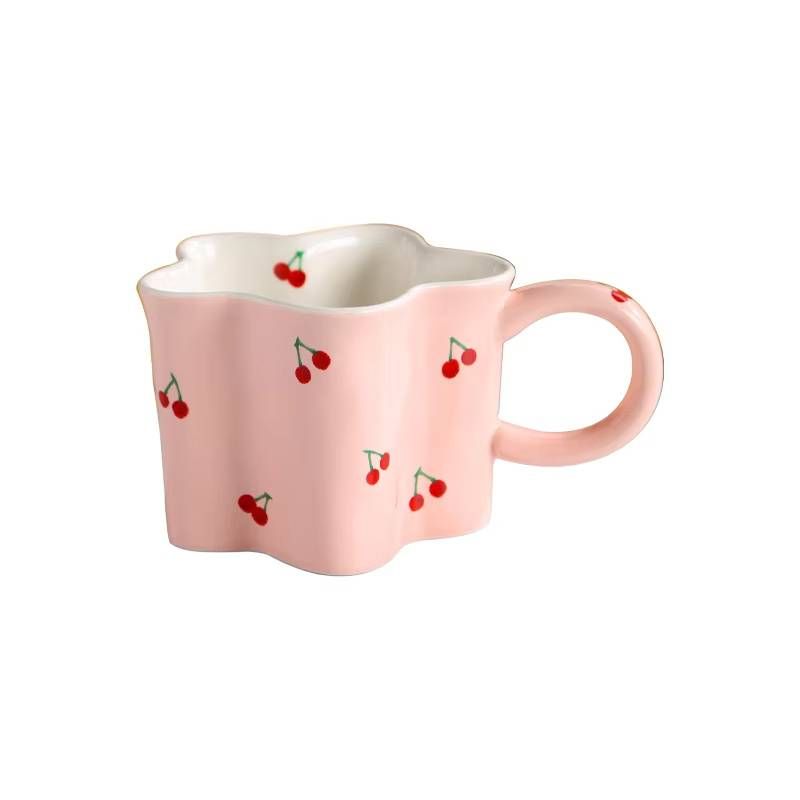 Ceramic Mugs Cartoon Cherry Print Irregular Flower Shapes Coffee Mug Children's Milk Cups Birthday Present for Girls_voghion.com