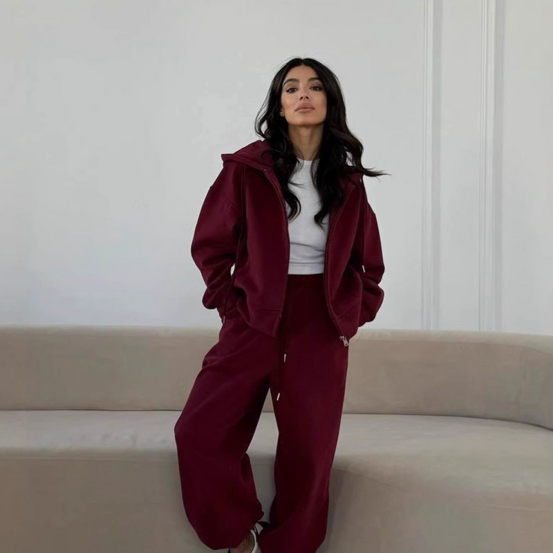 Women's Clothing Suit High Grade Zipper Solid Color Long Sleeve Hooded Sweater High Waist Straight Sports Casual Pants Women_voghion.com