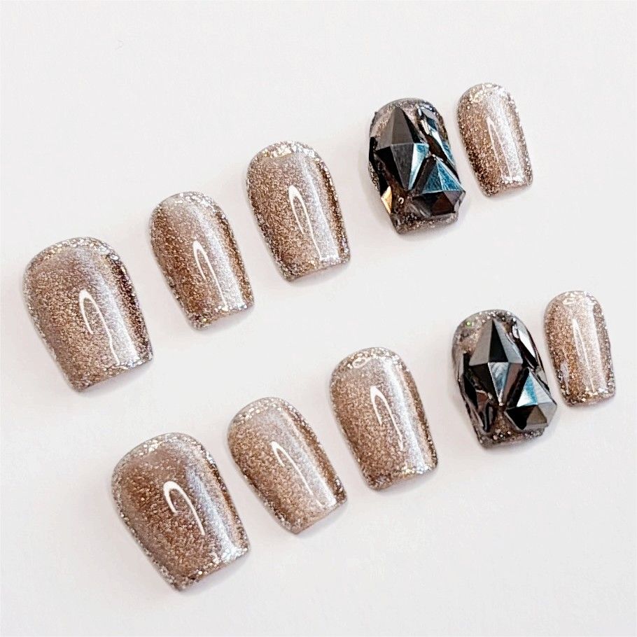 Handmade 10pcs Press On Nails, Nails Embellished With Gold And Black Diamonds, Suitable For Parties And Daily Wear_voghion.com