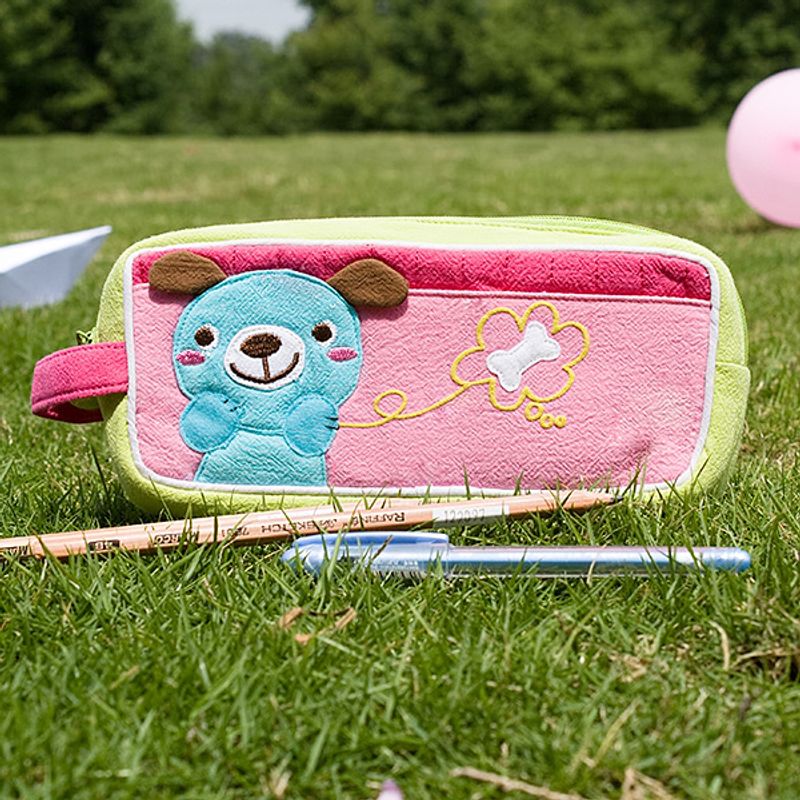 [Dog & Bone] Embroidered Applique Pencil Pouch Bag / Cosmetic Bag / Carrying Case (7.3*3.3*1.4)_voghion.com