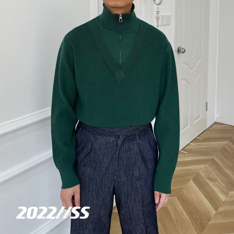Φθινόπωρο και χειμώνας 2024 νέο πουλόβερ με φερμουάρ εξατομικευμένο πουλόβερ δύο τεμαχίων με όρθιο γιακά κορεατική έκδοση ρετρό_voghion.com
