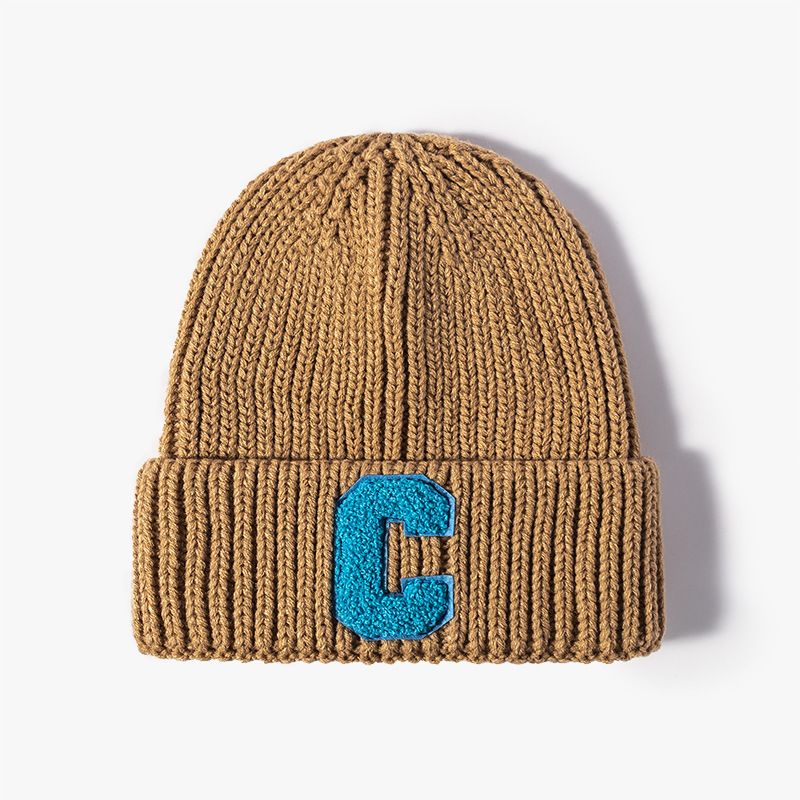 Bonnet tricoté brodé avec lettre C pour homme et femme, chapeau d'extérieur chaud et épais sans bord, chapeau en laine pour homme_voghion.com