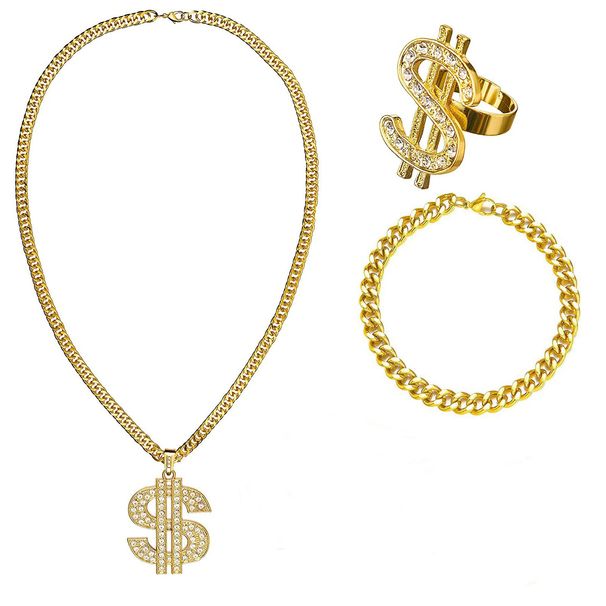 Collana con anello tempestato di diamanti, bracciale cubano a catena spessa, set di gioielli di tendenza con personalità_voghion.com