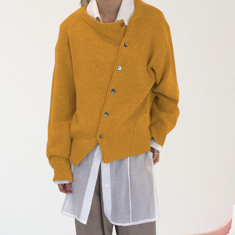 Women's Clothing oblique button irregular design lazy style sweater cardigan round neck knitted jacket _voghion.com