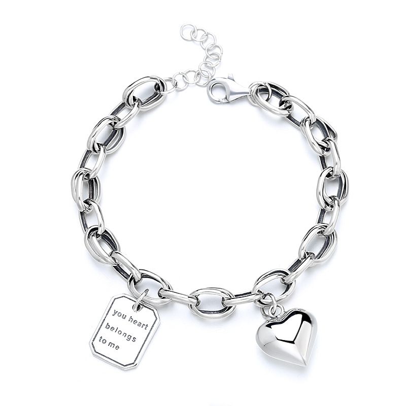 Ασημένια κοσμήματα S925 με αγάπη για συρραφή, μικρό τετράγωνο βραχιόλι μενταγιόν για γυναίκες_voghion.com