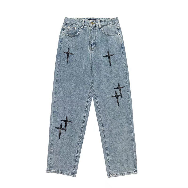 Vêtements pour hommes Jeans hommes automne tendance nationale haute rue croix patch broderie ample droite jambe large vache ins tendance pantalons longs_voghion.com