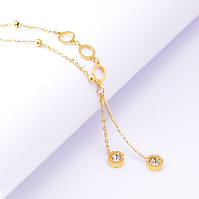 Koreaanse stijl mode sieraden Romeinse ronde witte zirkoon kwast hanger temperament titanium staal sleutelbeen ketting holle ronde ketting_voghion.com