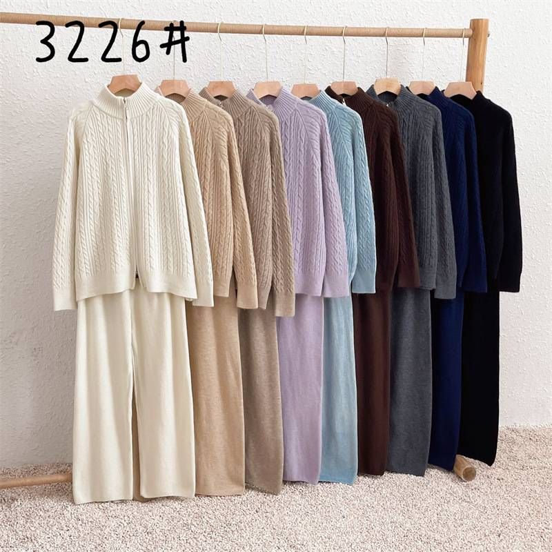 Women's Clothing Zipper twist cardigan sweater jacket suit women autumn and winter high waist wide leg casual pants knitted two piece suit_voghion.com