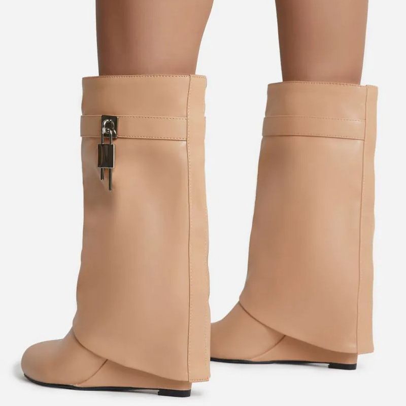 Women’s Shoes Vintage Large Round Pointed High Heel Metal Lock Wedge Pants Boots Plus Size Sleeve_voghion.com