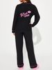 Women's Lounge Pantsuit – Button-Up Collared Shirt & Trousers Set (S-XXL, Black, Text Print, Lightweight Polyester, Euro/Afro Fit)_voghion.com