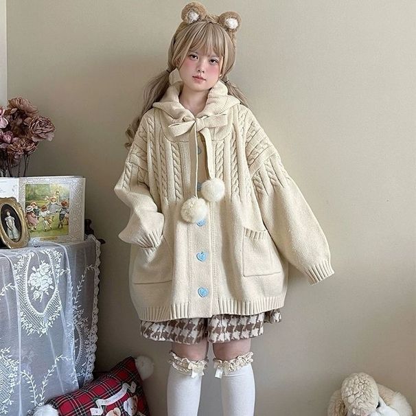 Autumn and winter cute style hooded sweater with high-end feel, double pocket milk fufu, heart button knit cardigan_voghion.com