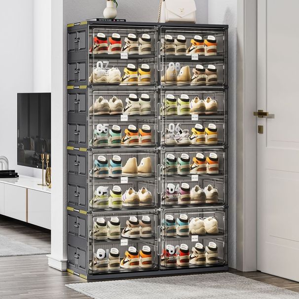 8 Tiers 32 Pairs Hard Plastic Shoe Storage Organizer Cabinet For Entryway, Large Stackable Collapsible Sneaker Shoe Box Organizer For Closet, Portab_voghion.com