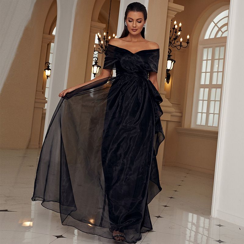 Damenbekleidung für Erwachsene, Schwarz, Ein-Wort-Kragen, Low Cut, Netznähte, Prinzessinnen-Temperament, High-End-Abendkleid für Damen_voghion.com