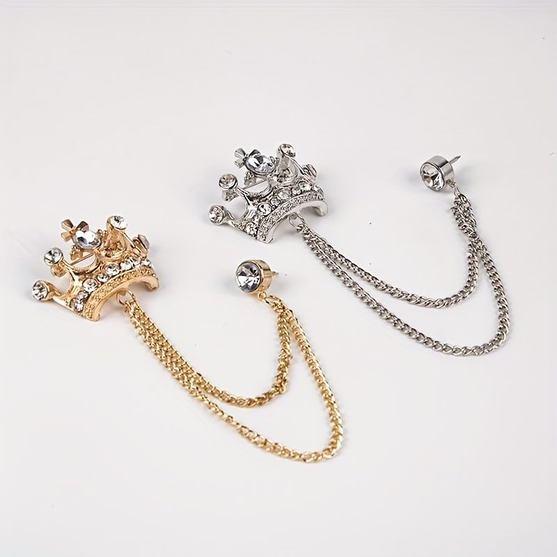 Fashionable Men's Crown Brooch Set, Chain Pin Badge, Retro Women's Chest Flower Accessory_voghion.com