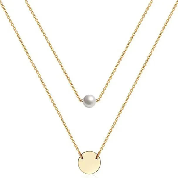 Collane con ciondolo, catene a strati alla moda per le donne, graziosi gioielli di moda in perle acriliche con disco in ottone rotondo_voghion.com