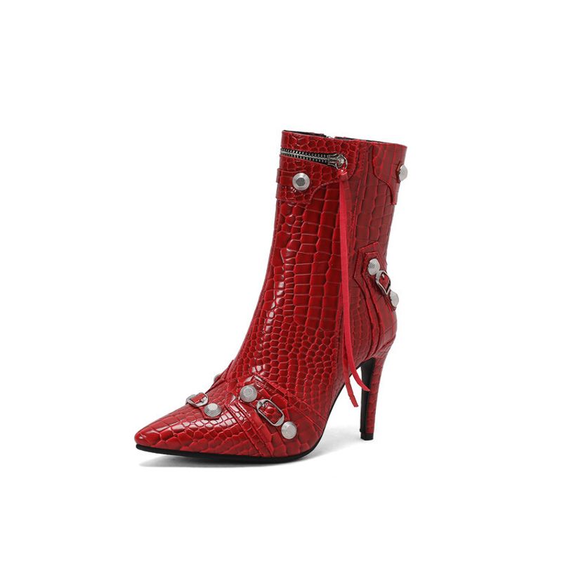 Metallic stone fringe ankle boots new fall/winter pointy side zipper skinny high heels for women_voghion.com
