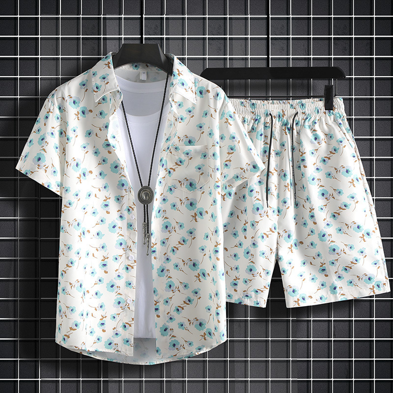 Herrenbekleidung Hawaiianischer Kurzarm-Blumenhemdanzug aus Eisseide für den Sommer, große Größe, Urlaubshemd am Meer, Strandshorts, zweiteiliger Anzug_voghion.com