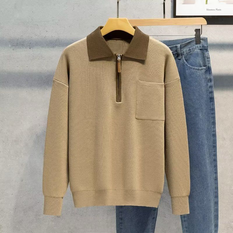 Men's Clothing Contrast Color Polo Collar Sweater Autumn And Winter Men's Half Zip Knit Sweater Loose Bf Trend Handsome Casual Tops_voghion.com