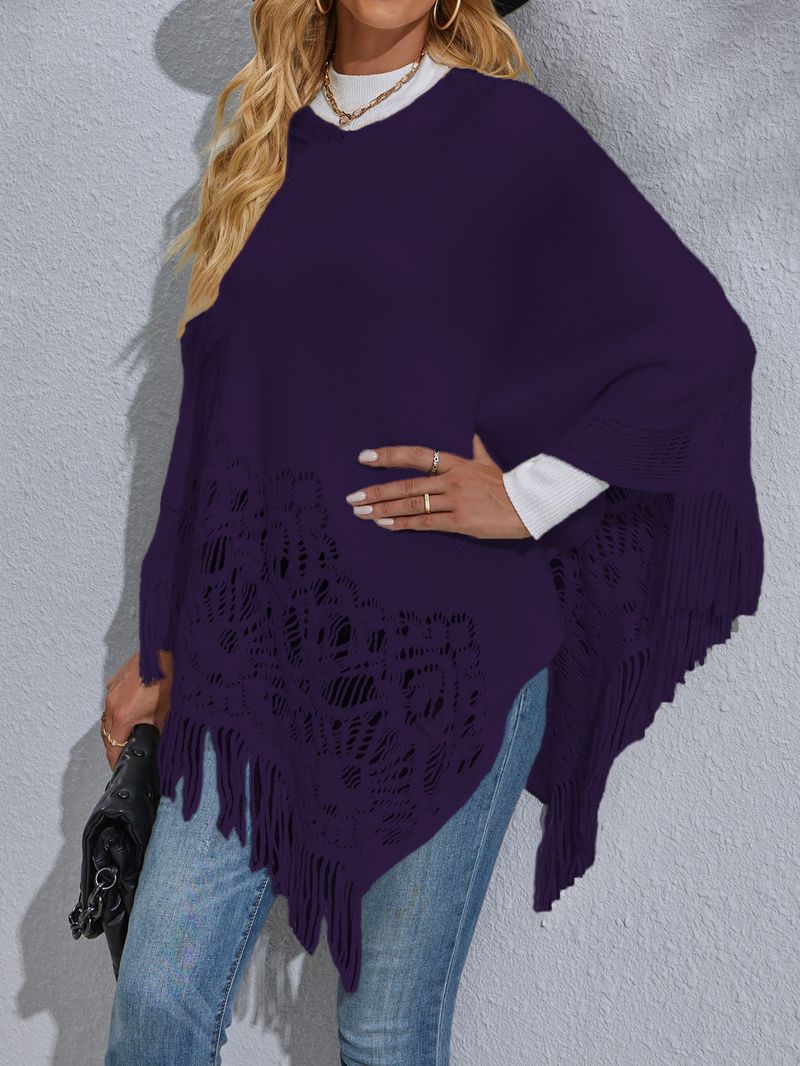 Women's mid-length lace fringed shawl sweater_voghion.com