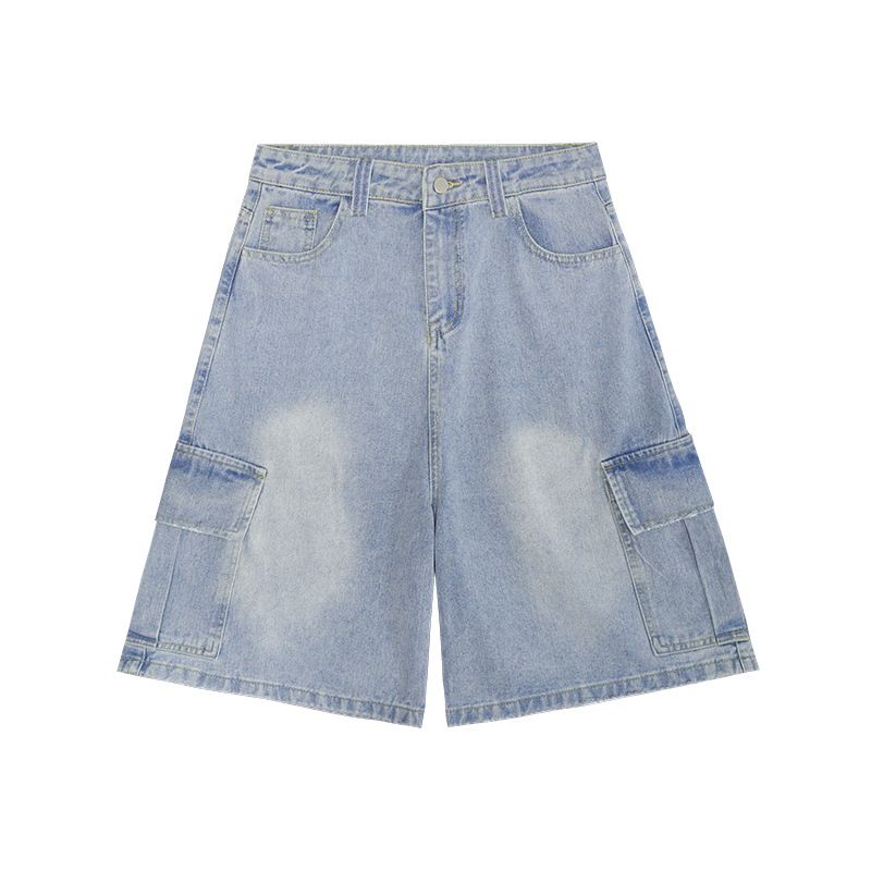 Pantaloni larghi e aderenti in denim blu chiaro lavato da uomo, a gamba larga, di media lunghezza, con tasche larghe_voghion.com